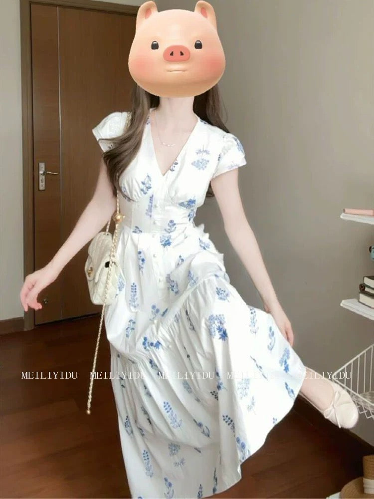 MLYD/Customized Large Size French Niche V-Neck Floral Dress High-end White Temperament Waist Holiday Dress