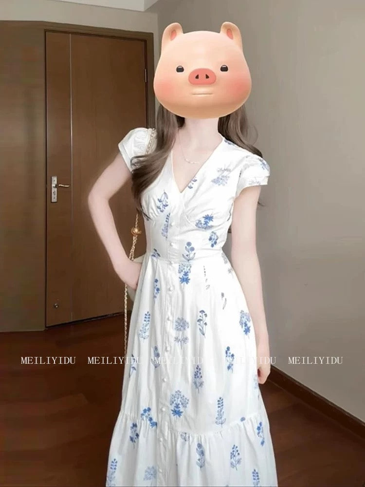MLYD/Customized Large Size French Niche V-Neck Floral Dress High-end White Temperament Waist Holiday Dress