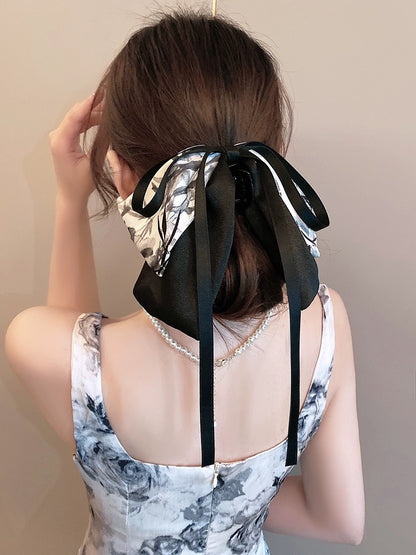 New Chinese style hair accessories ink painting bow ribbon hairpin ancient style half-tied hair back of the head ponytail grabber headdress for women