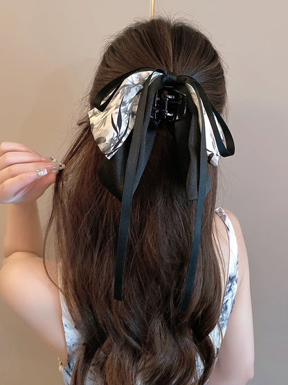New Chinese style hair accessories ink painting bow ribbon hairpin ancient style half-tied hair back of the head ponytail grabber headdress for women