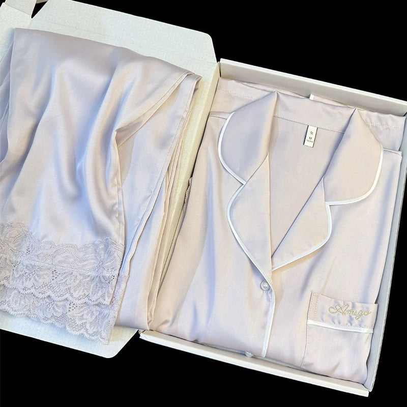 Ice silk pajamas women summer short-sleeved trousers high-grade pure color lace moonlight satin casual home clothes suit