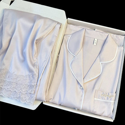Ice silk pajamas women summer short-sleeved trousers high-grade pure color lace moonlight satin casual home clothes suit