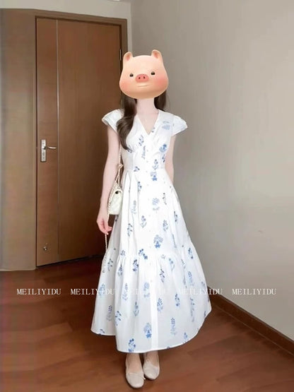MLYD/Customized Large Size French Niche V-Neck Floral Dress High-end White Temperament Waist Holiday Dress
