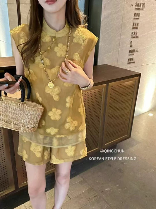 New Chinese style national style flower embroidered vest vest + shorts two-piece suit female 2025 summer new suit