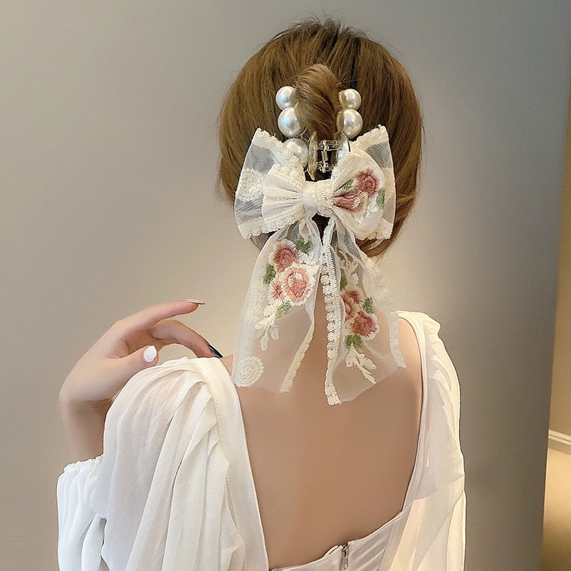 Small Fresh Lace Flower Bow Large Clip Women's Sweet Temperament Hairpin Super Fairy Internet Celebrity Hairpin Hair Accessories