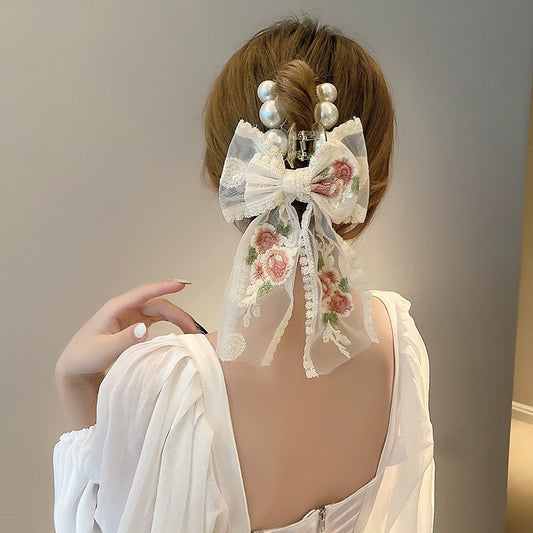 Small Fresh Lace Flower Bow Large Clip Women's Sweet Temperament Hairpin Super Fairy Internet Celebrity Hairpin Hair Accessories