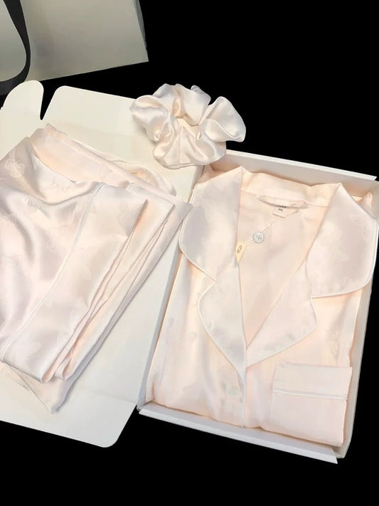 Ice silk pajamas spring and summer butterfly jacquard long-sleeved trousers for women can be worn as outerwear, high-grade mercerized satin home clothes suit