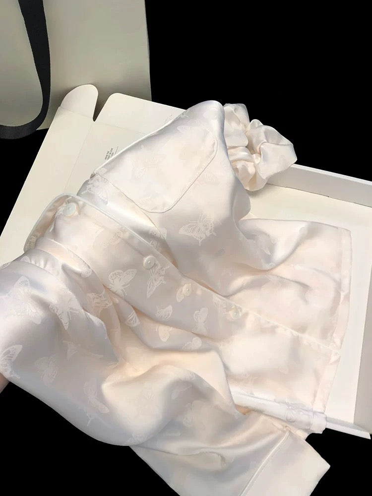 Ice silk pajamas spring and summer butterfly jacquard long-sleeved trousers for women can be worn as outerwear, high-grade mercerized satin home clothes suit