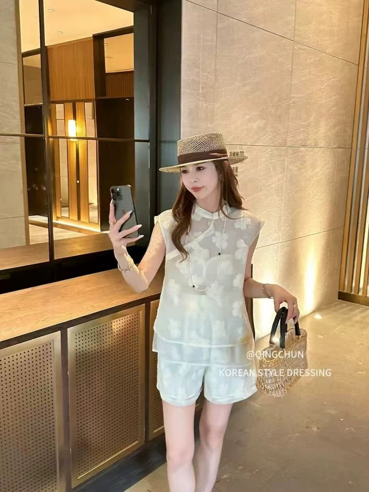 New Chinese style national style flower embroidered vest vest + shorts two-piece suit female 2025 summer new suit