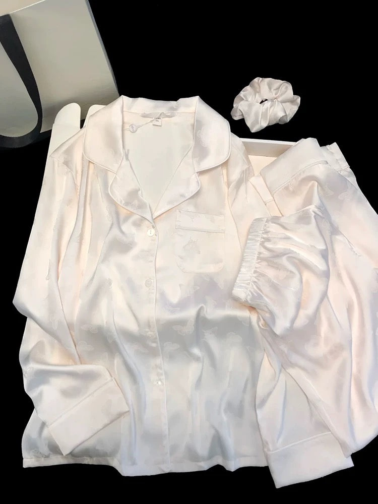 Ice silk pajamas spring and summer butterfly jacquard long-sleeved trousers for women can be worn as outerwear, high-grade mercerized satin home clothes suit