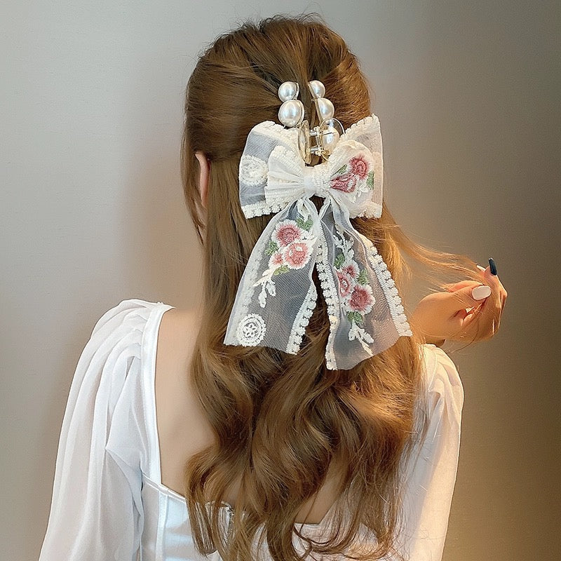 Small Fresh Lace Flower Bow Large Clip Women's Sweet Temperament Hairpin Super Fairy Internet Celebrity Hairpin Hair Accessories