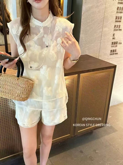 New Chinese style national style flower embroidered vest vest + shorts two-piece suit female 2025 summer new suit