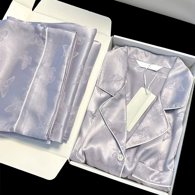 Ice silk pajamas spring and summer butterfly jacquard long-sleeved trousers for women can be worn as outerwear, high-grade mercerized satin home clothes suit