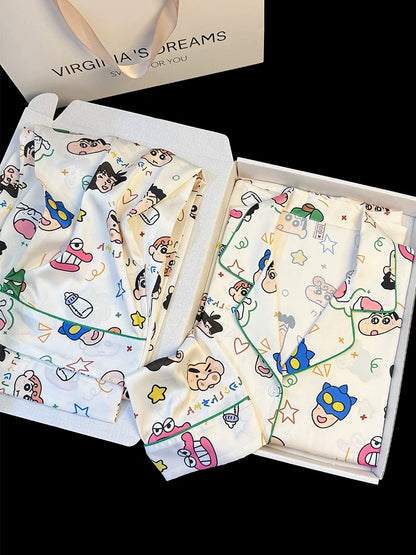 Crayon Shin-chan cute cartoon Japanese style ice silk pajamas women's spring and summer new thin long-sleeved printed home clothes suit