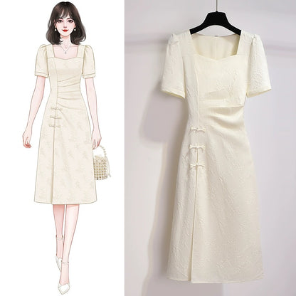 New Chinese style improved cheongsam dress 2024 new summer national style women's French square collar slimming skirt