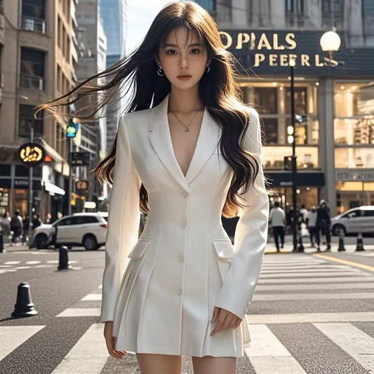 Coco KEKE 2024 new autumn texture V-neck temperament pleated stitching suit dress