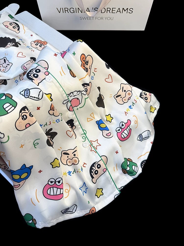 Crayon Shin-chan cute cartoon Japanese style ice silk pajamas women's spring and summer new thin long-sleeved printed home clothes suit