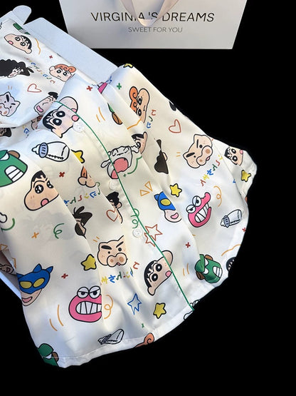 Crayon Shin-chan cute cartoon Japanese style ice silk pajamas women's spring and summer new thin long-sleeved printed home clothes suit