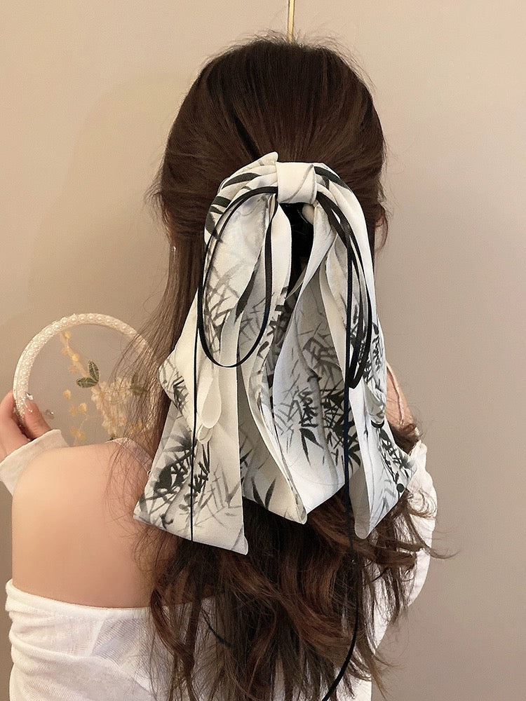 New Chinese style ink painting bow ribbon grabber half-tied hairpin female back of head shark clip ancient style Hanfu headwear