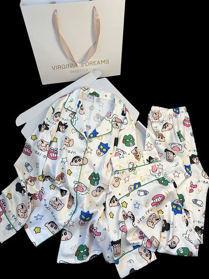 Crayon Shin-chan cute cartoon Japanese style ice silk pajamas women's spring and summer new thin long-sleeved printed home clothes suit