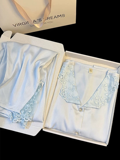French new style palace style ice silk pajamas women's summer sweet lace embroidery long sleeve trousers home clothes suit