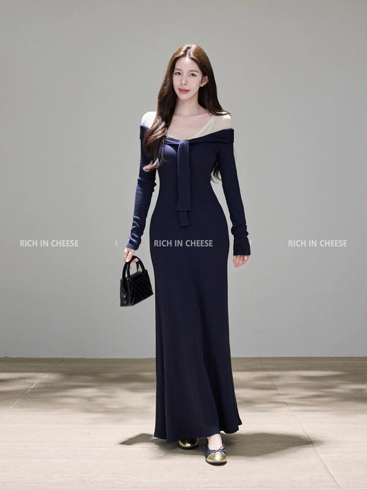 Shu Hulei Romantic Theater - Off-the-shoulder mesh-paneled long-sleeved knit dress, elegant and slim-fitting long dress for women.
