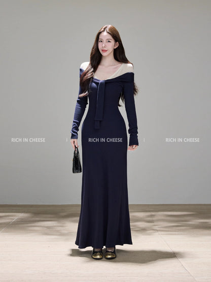 Shu Hulei Romantic Theater - Off-the-shoulder mesh-paneled long-sleeved knit dress, elegant and slim-fitting long dress for women.
