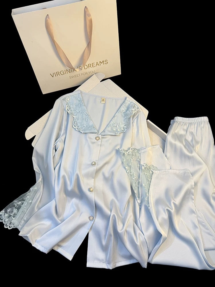 French new style palace style ice silk pajamas women's summer sweet lace embroidery long sleeve trousers home clothes suit