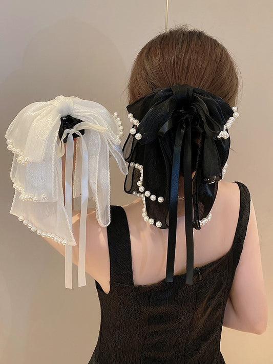 Pearl streamer bow clip clip women's back of head shark clip hairpin clip headwear half-tied high ponytail hairpin