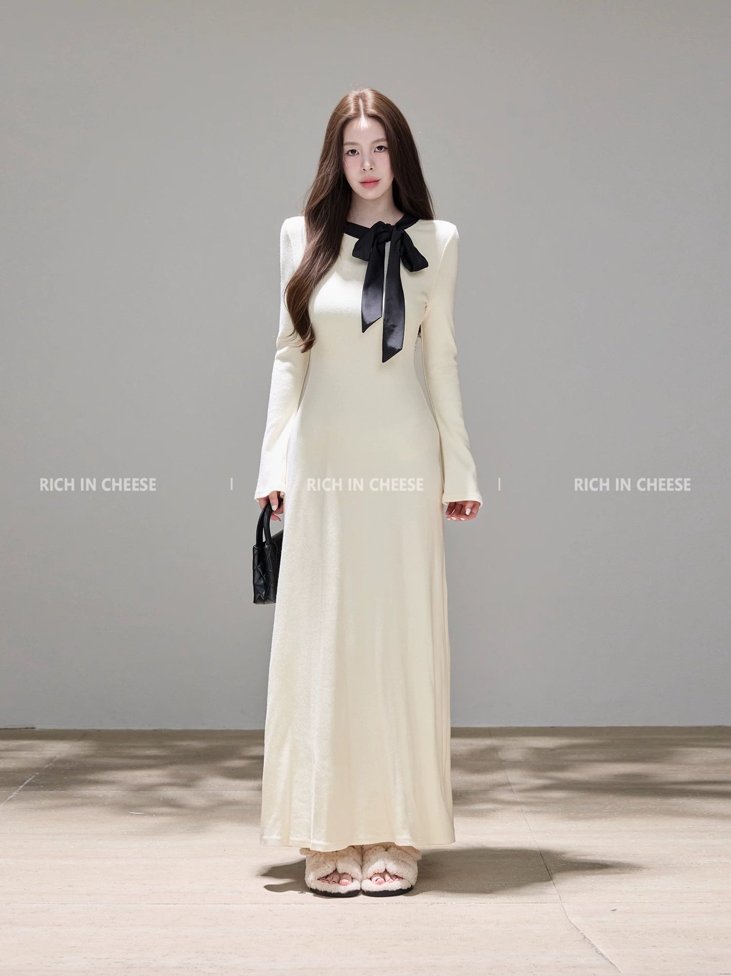 Shu Hulei White Butterfly French Style Bow Tie Color Block Long Knitted Dress for Women (Winter)