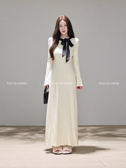 Shu Hulei White Butterfly French Style Bow Tie Color Block Long Knitted Dress for Women (Winter)