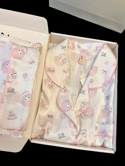 New spring and summer Japanese style age-reducing soft girl ice silk pajamas thin long sleeves sweet and cute cartoon home clothes suit