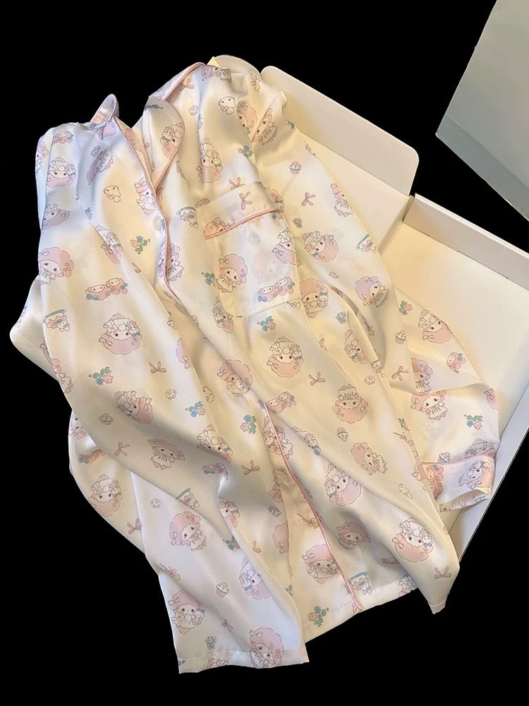 New spring and summer Japanese style age-reducing soft girl ice silk pajamas thin long sleeves sweet and cute cartoon home clothes suit