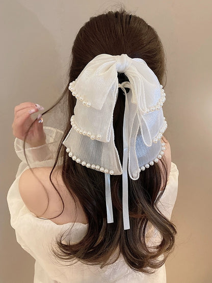 Pearl streamer bow clip clip women's back of head shark clip hairpin clip headwear half-tied high ponytail hairpin