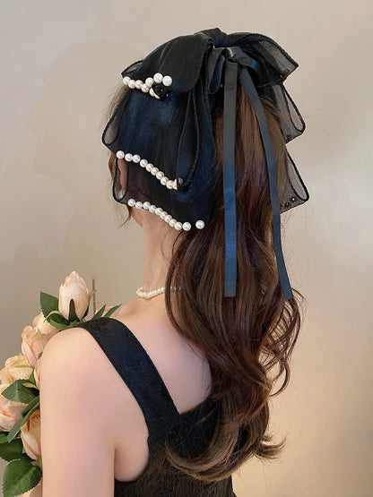 Pearl streamer bow clip clip women's back of head shark clip hairpin clip headwear half-tied high ponytail hairpin