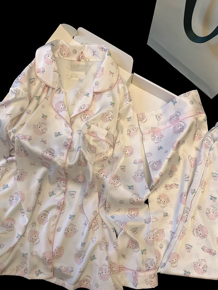 New spring and summer Japanese style age-reducing soft girl ice silk pajamas thin long sleeves sweet and cute cartoon home clothes suit