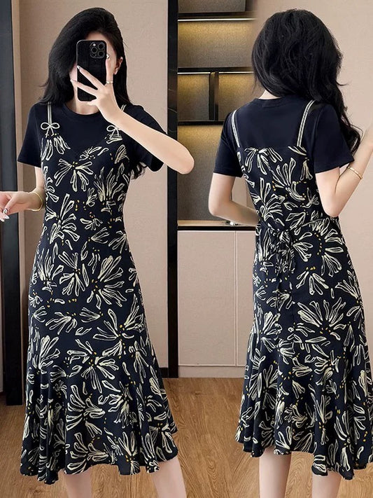 Large size French fake two-piece waist-covering fishtail T-shirt skirt fat girl summer temperament age-reducing slim floral skirt