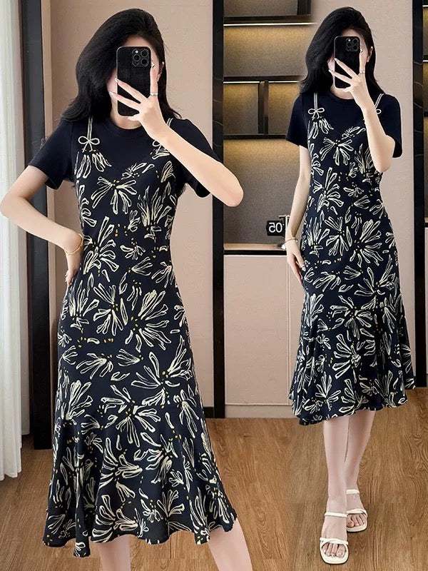 Large size French fake two-piece waist-covering fishtail T-shirt skirt fat girl summer temperament age-reducing slim floral skirt