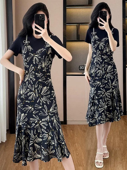 Large size French fake two-piece waist-covering fishtail T-shirt skirt fat girl summer temperament age-reducing slim floral skirt