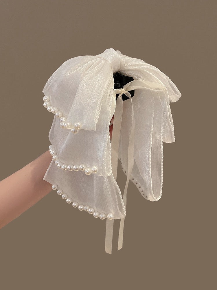 Pearl streamer bow clip clip women's back of head shark clip hairpin clip headwear half-tied high ponytail hairpin