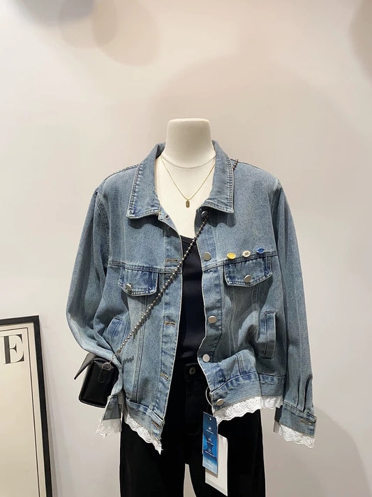 Exquisite embellishment ~ Spring and autumn new Korean style design hem lace stitching colorful button denim jacket