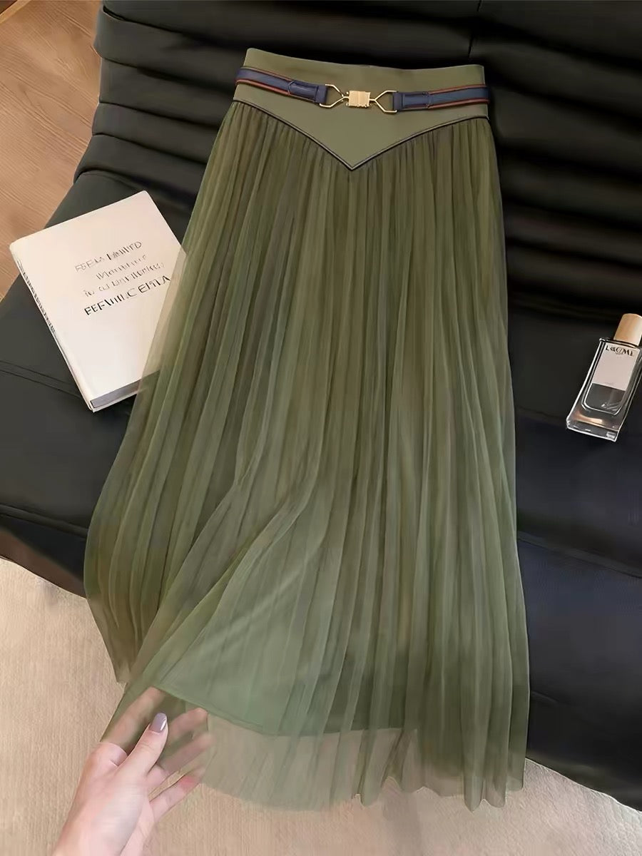 Women's Green Mesh Midi Skirt – 2026 Summer New Arrival: High-Waisted, Stylish, Unique, Elegant, and Retro Pleated Skirt