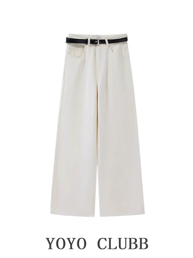 YOYO CLUBB simple and high-end white high-waist jeans autumn large size slimming loose straight wide-leg pants