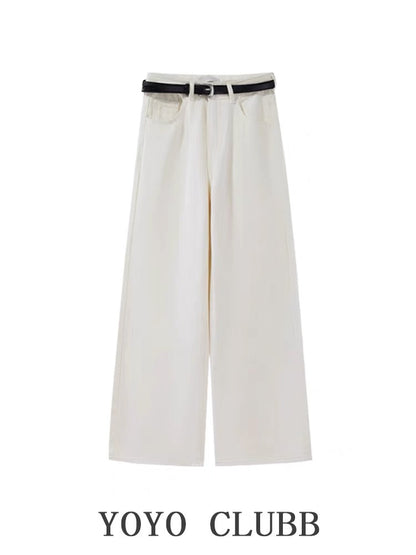 YOYO CLUBB simple and high-end white high-waist jeans autumn large size slimming loose straight wide-leg pants