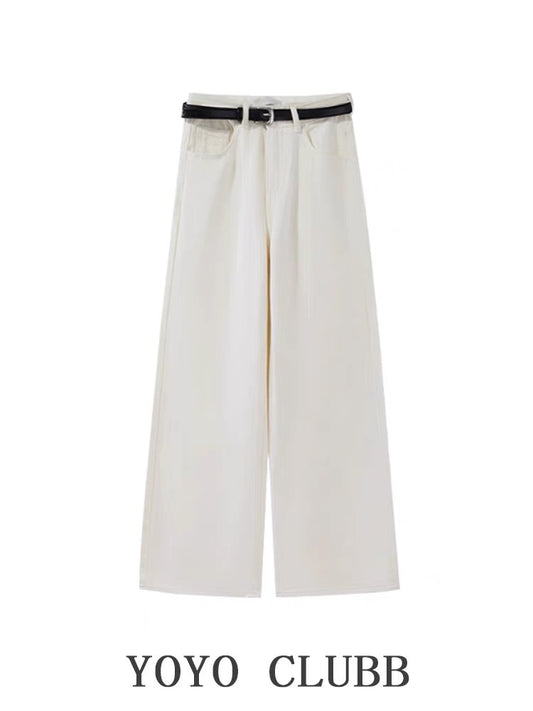 YOYO CLUBB simple and high-end white high-waist jeans autumn large size slimming loose straight wide-leg pants