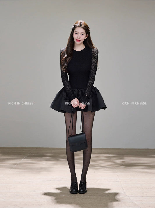 Shu Hulei, a ballet dancer, wears a sophisticated evening gown with lace trim and a high-waisted tulle skirt, exuding elegance and class.