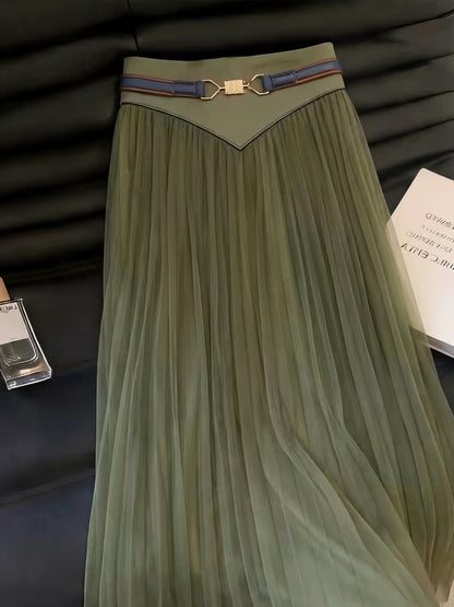 Women's Green Mesh Midi Skirt – 2026 Summer New Arrival: High-Waisted, Stylish, Unique, Elegant, and Retro Pleated Skirt