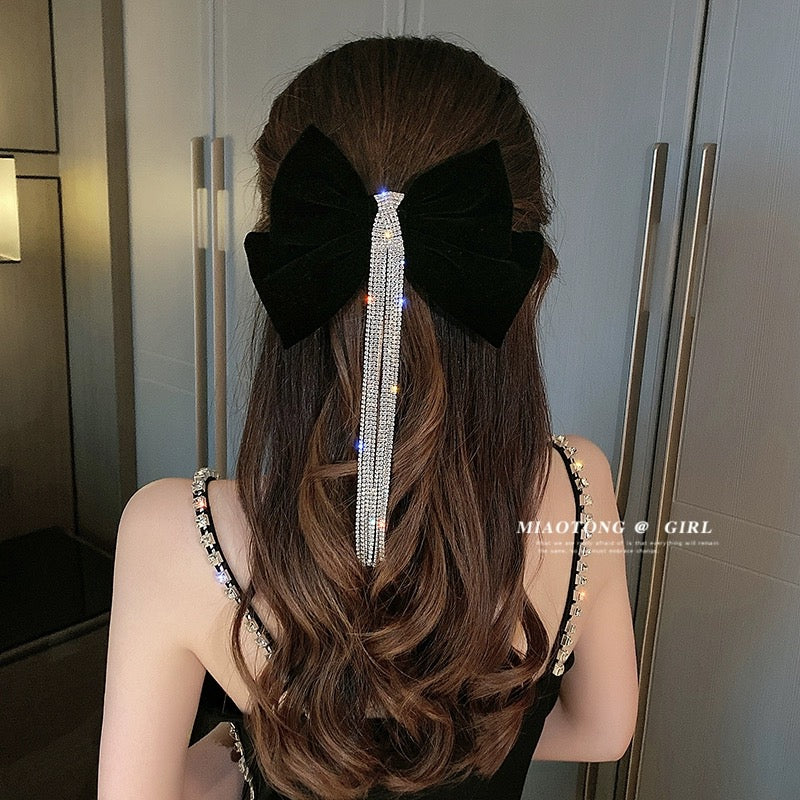 Elegant velvet bow headband hairpin for women autumn and winter Korean top clip tassel sparkling diamond spring clip hairpin hair accessories trendy