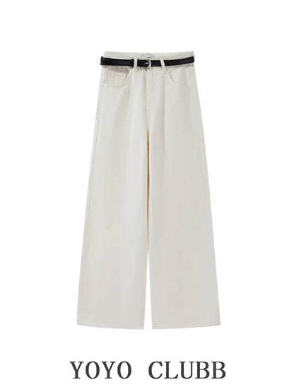 YOYO CLUBB simple and high-end white high-waist jeans autumn large size slimming loose straight wide-leg pants