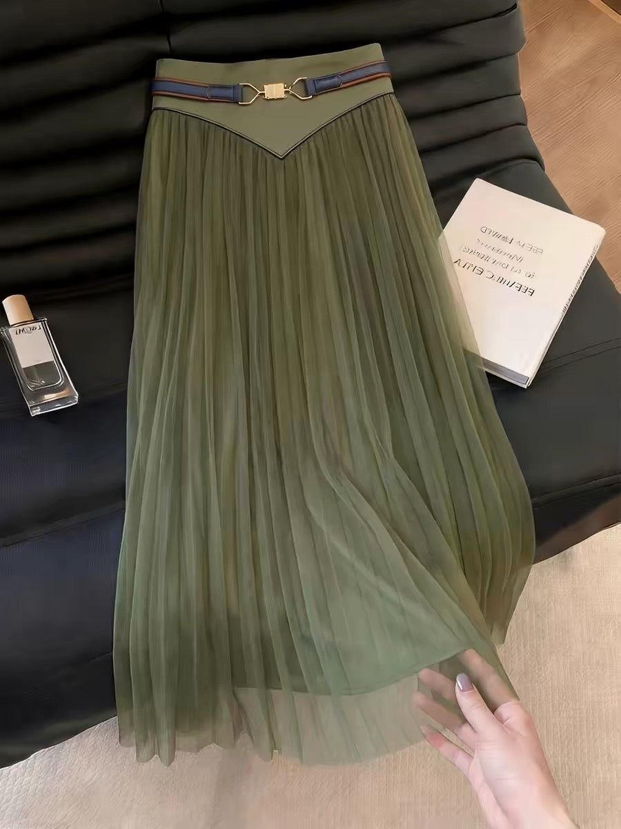 Women's Green Mesh Midi Skirt – 2026 Summer New Arrival: High-Waisted, Stylish, Unique, Elegant, and Retro Pleated Skirt